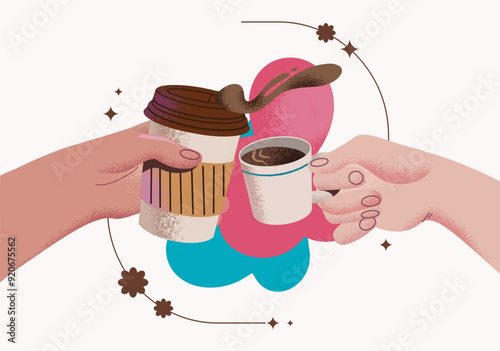 Two hands holding coffee drinks, cheers. Toast with latte in paper cup and espresso cup. Flat graphic vector illustration isolated on white background