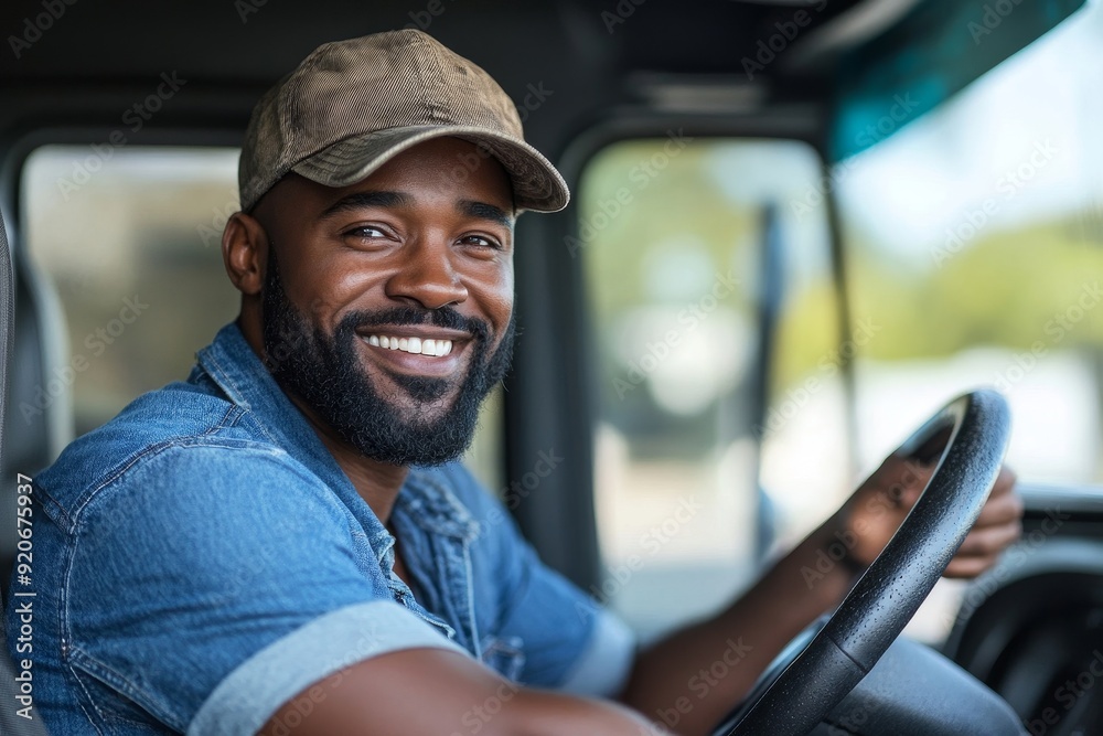 Happy black driver driving his truck and looking at camera, Generative AI Happy black driver driving his truck and looking at camera, Generative AI