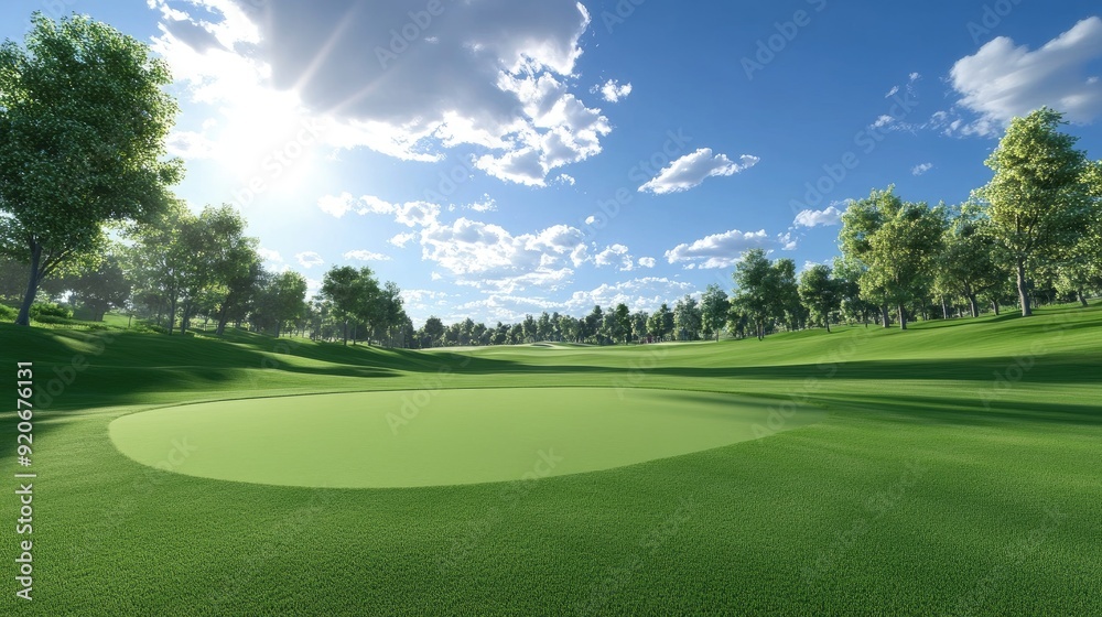 Obraz premium Landscape of a golf course with perfectly manicured greens and a sunny sky.