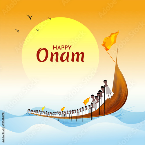 Happy Onam. Indian festival celebration with vallamkali (Boat race) in the evening vector illustration. photo