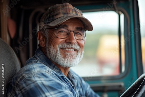 Happy truck driver looking through side window while driving his truck, Generative AI