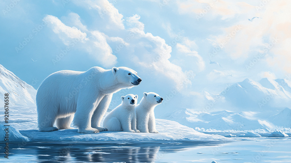 A serene illustration of a family of three polar bears against a tranquil icy backdrop, depicting the beauty and majesty of wildlife in the arctic wilderness. A serene illustration of a family of three polar bears against a tranquil icy backdrop, depicting the beauty and majesty of wildlife in the arctic wilderness.