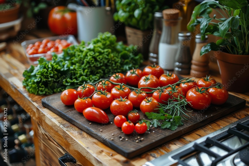 Red tomatoes surrounded by other vegetables on a wooden board. Generative AI Red tomatoes surrounded by other vegetables on a wooden board. Generative AI