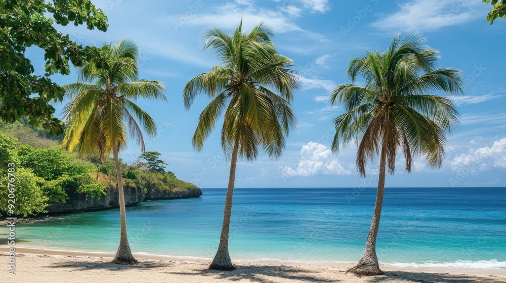 Lush palm trees sway on a pristine beach with turquoise waters in Jamaica. Sun-drenched paradise. Lush palm trees sway on a pristine beach with turquoise waters in Jamaica. Sun-drenched paradise.