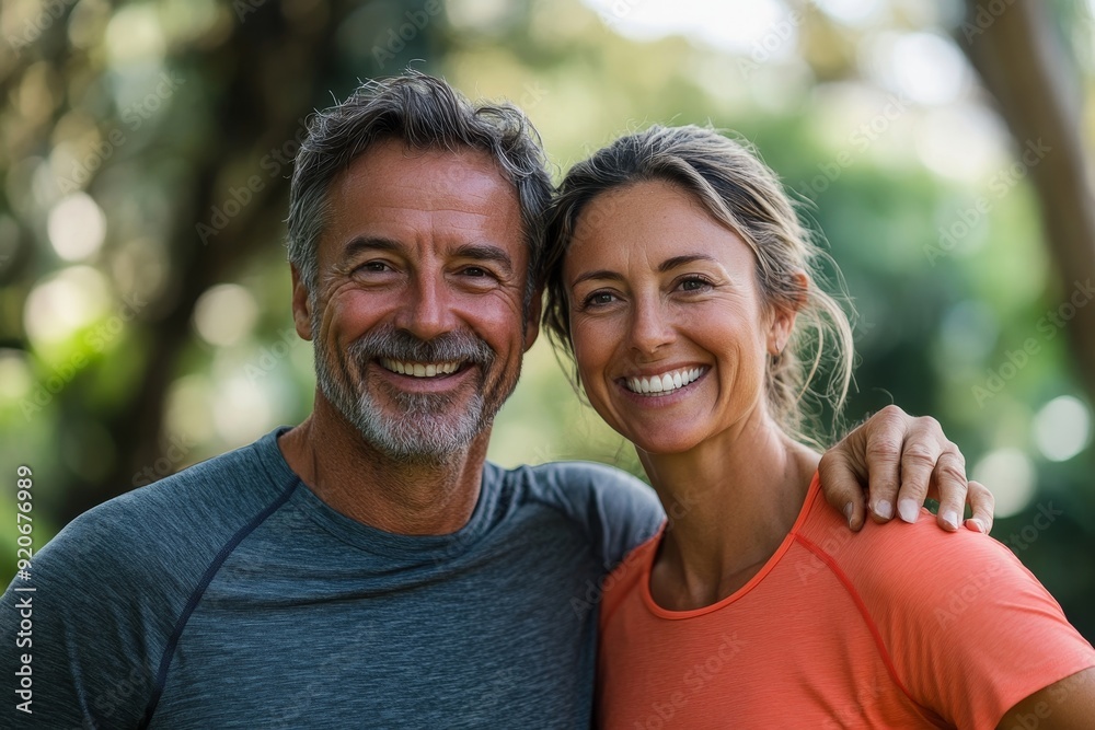 Portrait of happy athletic couple in park, Generative AI Portrait of happy athletic couple in park, Generative AI