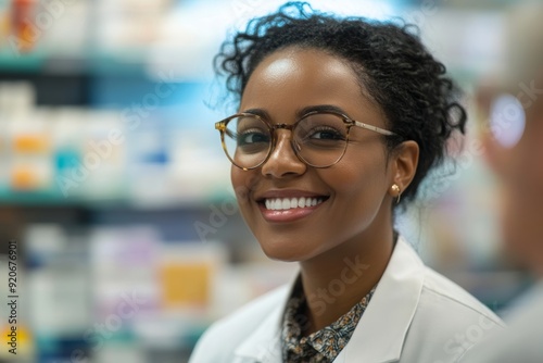 Happy black female pharmacist assists senior couple in choosing medicine in pharmacy, Generative AI