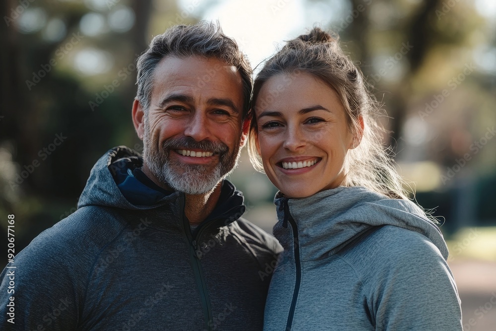 Portrait of happy athletic couple in park, Generative AI Portrait of happy athletic couple in park, Generative AI