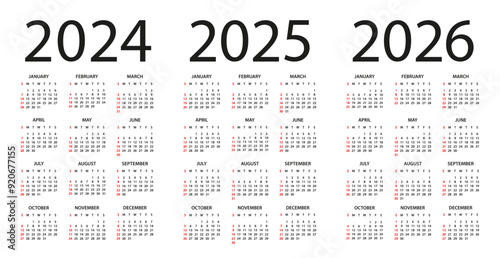 Calendar 2024, 2025, 2026 - illustration. Week starts on Sunday. Calendar Set for 2024, 2025, 2026 years