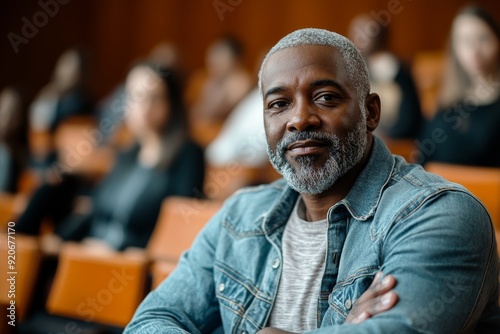 Mature black man attending educational seminar in lecture hall and looking at camera, Generative AI