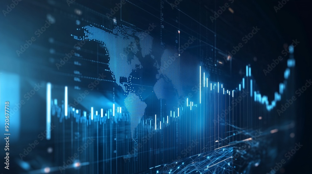 Digital world map with data visualization and stock market trends displayed in blue tones Digital world map with data visualization and stock market trends displayed in blue tones