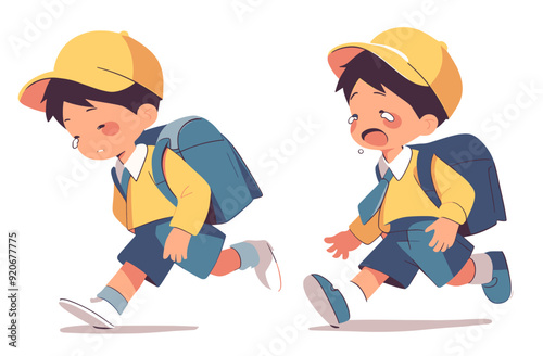 two children crying while sleeping and running in school uniforms with backpacks, flat vector design