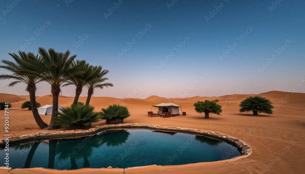 Obraz premium Desert Oasis with Palm Trees and a Starry Sky.