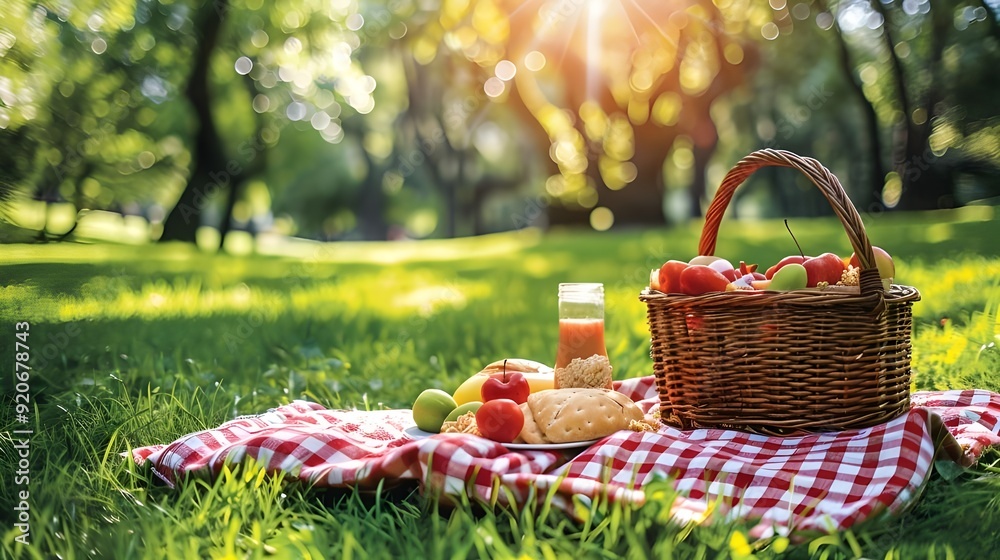 picnic basket in the park with fruits juice
