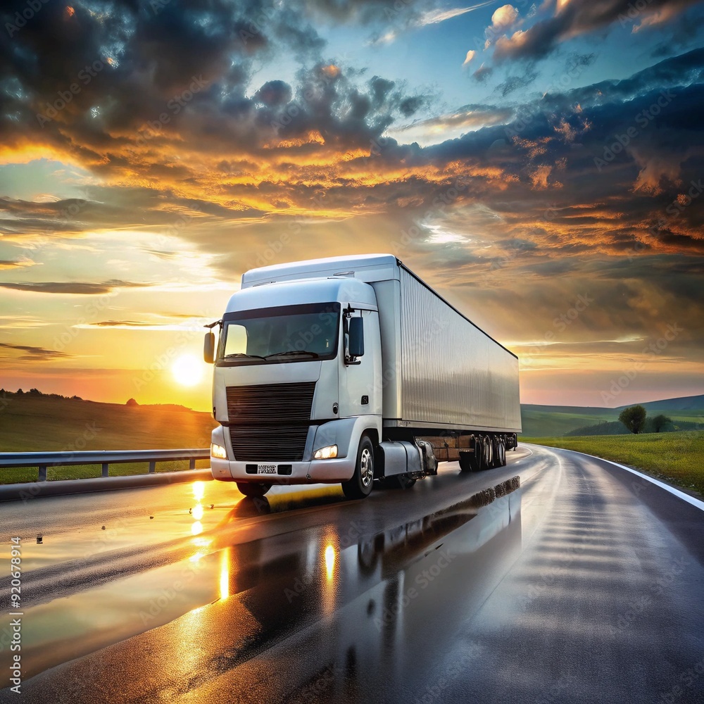 A large white semi truck drives down an empty wet road, generated by AI A large white semi truck drives down an empty wet road, generated by AI