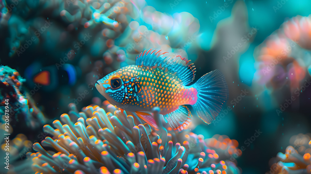 A colorful fish with a black eye is swimming in a tank. A colorful fish with a black eye is swimming in a tank.