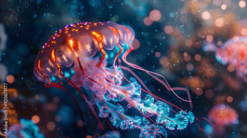 A jellyfish is floating in the water with a blue and white color. 