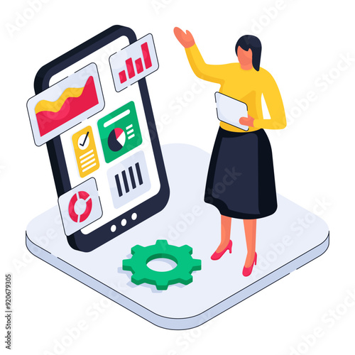 An isometric design illustration of mobile data analytics 

