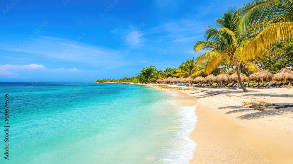 Obraz premium Palm-lined beach in Jamaica with crystal-clear turquoise sea under a sunny sky. Island paradise.