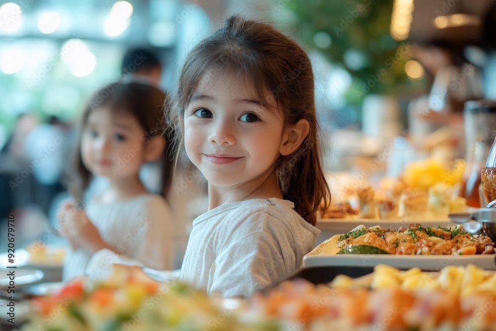 Happy kid and his sister enjoying in buffet breakfast while being in hotel with their parents, Generative AI