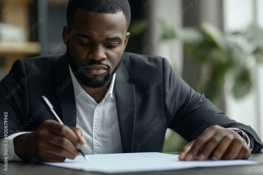 Close-up of black man signing contract with insurance agent in the office, Generative AI Close-up of black man signing contract with insurance agent in the office, Generative AI