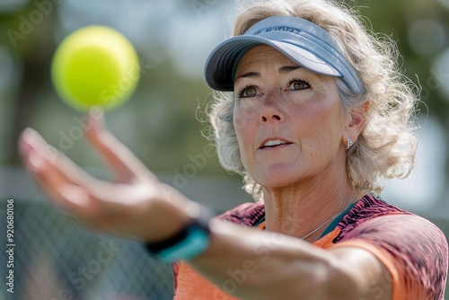 Close up of woman serving ball while playing pickleball, Generative AI