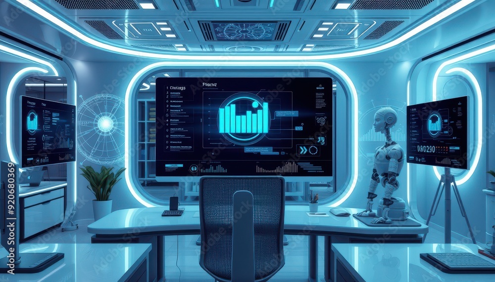 Futuristic Office Interior with Robot. Futuristic Office Interior with Robot.