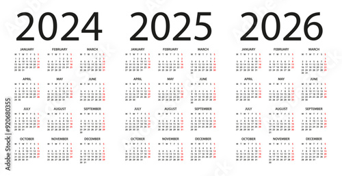 Calendar 2024, 2025, 2026 - illustration. Week starts on Monday. Calendar Set for 2024, 2025, 2026 years