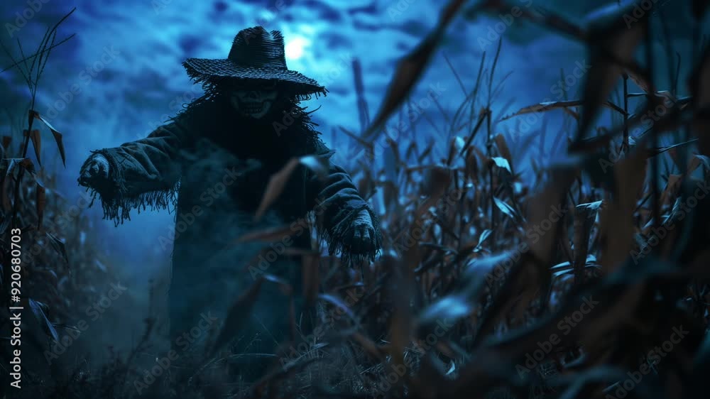 A figure in a scarecrow costume roams through an eerie, dimly lit cornfield under a moonlit sky, halloween mood