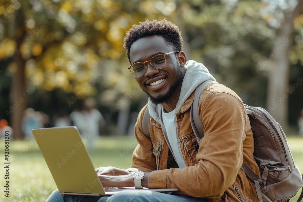 Happy black university student writes notes while using laptop outdoors and looking at camera, Generative AI Happy black university student writes notes while using laptop outdoors and looking at camera, Generative AI