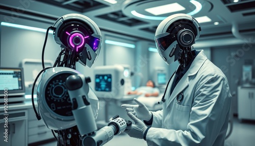 Futuristic Doctor and Robot Collaborate on Medical Treatment. photo