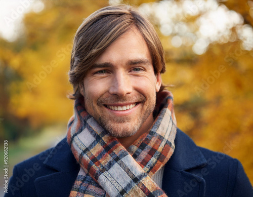 Happy Man Smiling in an Outdoor Autumn Setting Headshot Portrait