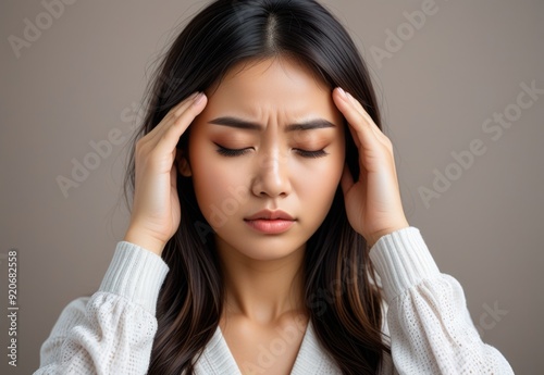 Beautiful young Asian woman with closed eyes, touching her forehead and suffering from a headache or migraine, looking sad and unhappy