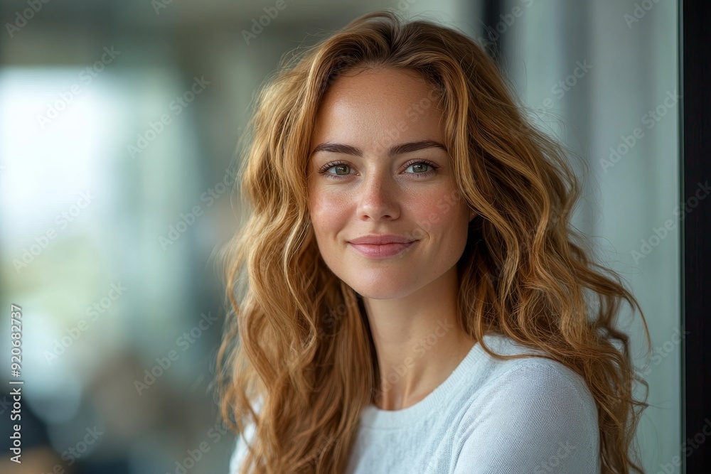 Happy confident businesswoman in office looking at camera, Generative AI Happy confident businesswoman in office looking at camera, Generative AI
