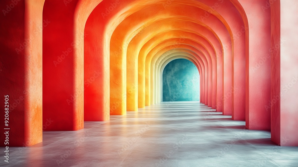 A long hallway with red, yellow, and blue arches A long hallway with red, yellow, and blue arches