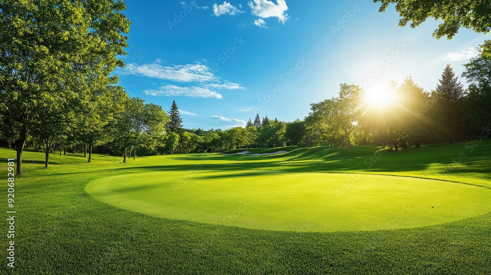 Obraz premium Scenic landscape of a golf course with well-maintained greens and a bright sunny day.