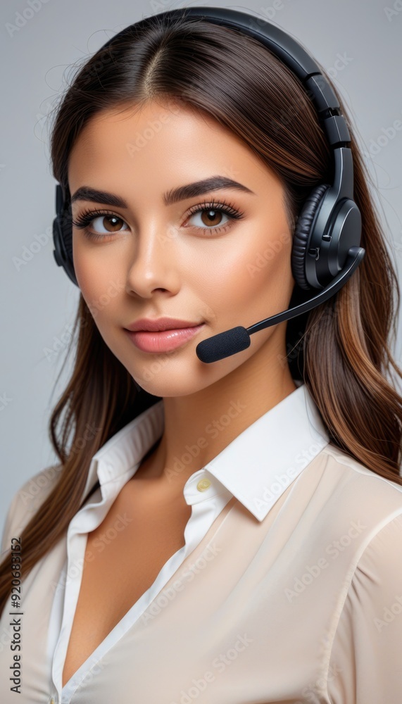 Headshot of a pleasant millennial Hispanic woman in a wireless headset, working in customer support or telemarketing, looking professional Headshot of a pleasant millennial Hispanic woman in a wireless headset, working in customer support or telemarketing, looking professional