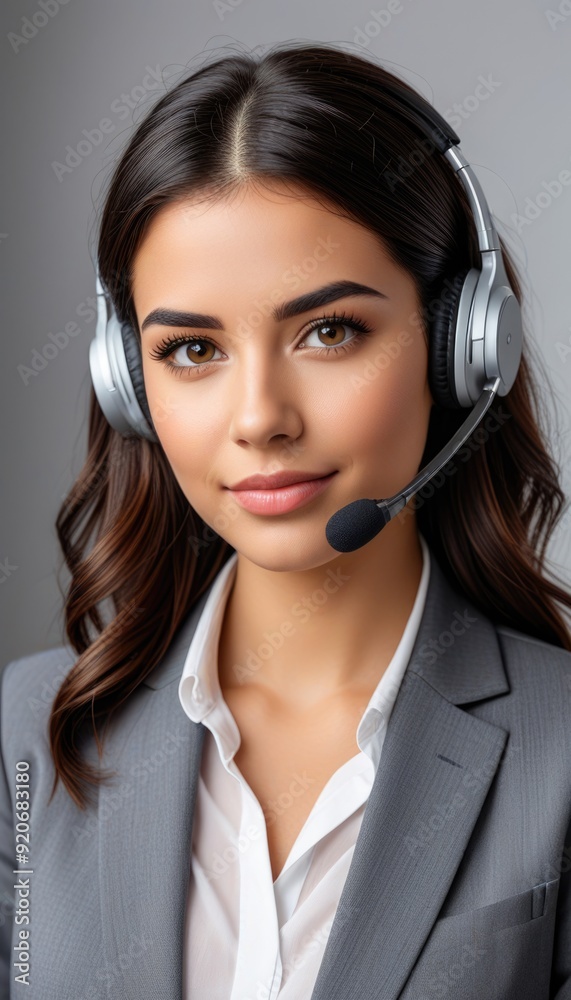 Headshot of a pleasant millennial Hispanic woman in a wireless headset, working in customer support or telemarketing, looking professional Headshot of a pleasant millennial Hispanic woman in a wireless headset, working in customer support or telemarketing, looking professional