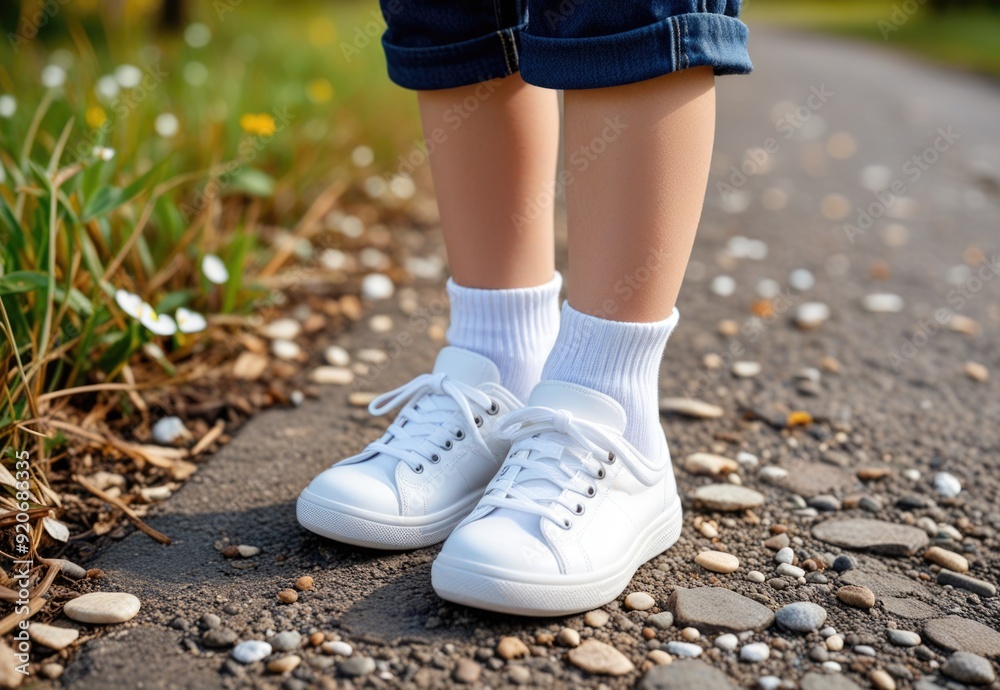 Child wearing mismatched socks and white sneakers outdoors, highlighting Odd Socks Day and awareness for Down syndrome and Anti-Bullying Week Child wearing mismatched socks and white sneakers outdoors, highlighting Odd Socks Day and awareness for Down syndrome and Anti-Bullying Week
