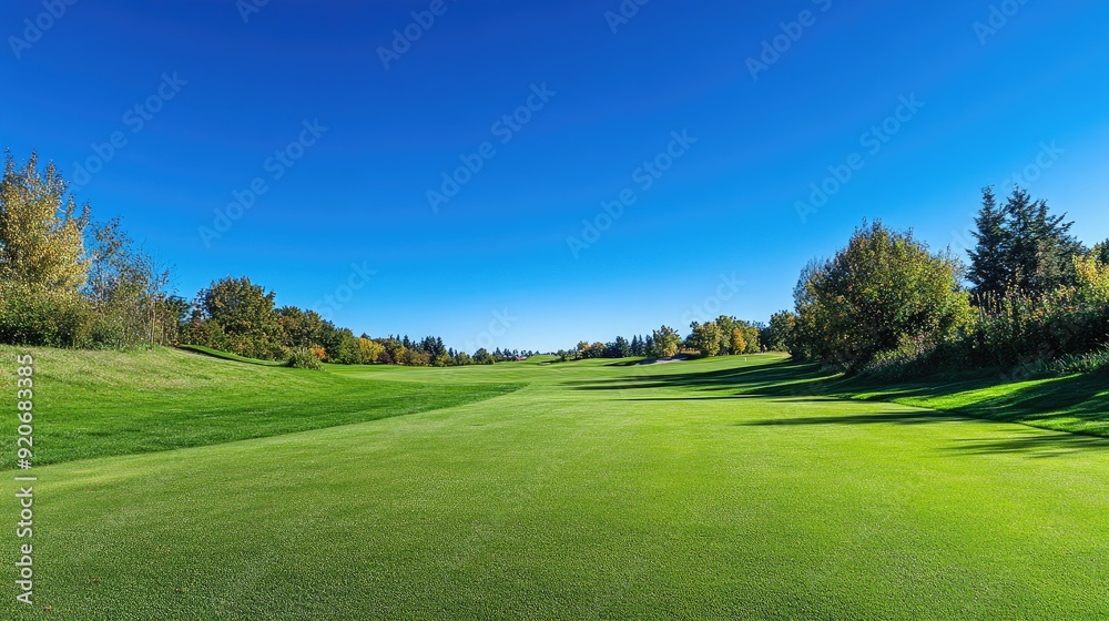 Scenic view of a golf course, with green fairways and a clear blue sky above. Scenic view of a golf course, with green fairways and a clear blue sky above.