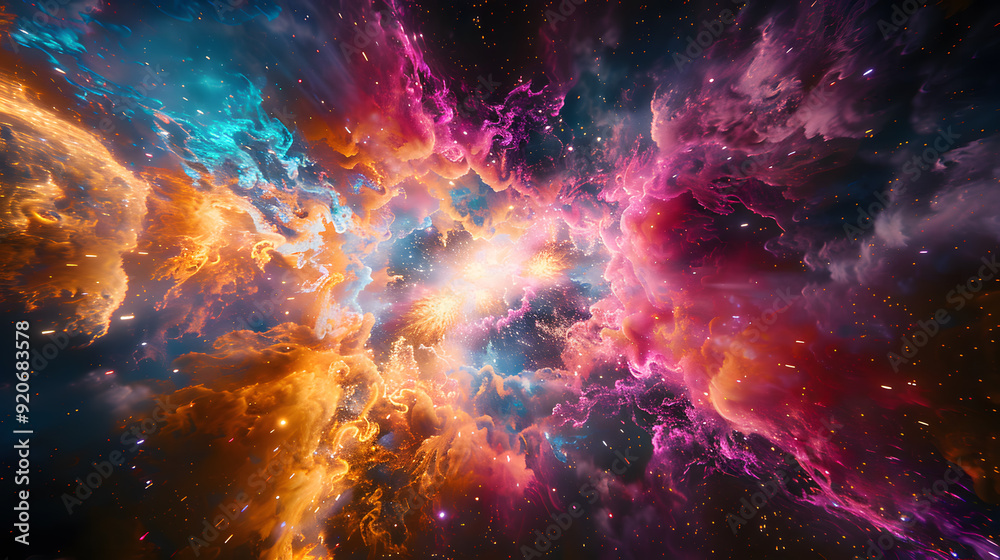 Fototapeta premium A colorful, swirling galaxy of clouds with a bright blue center. 