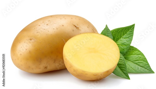 Fresh Whole and Sliced Potato with Leaves