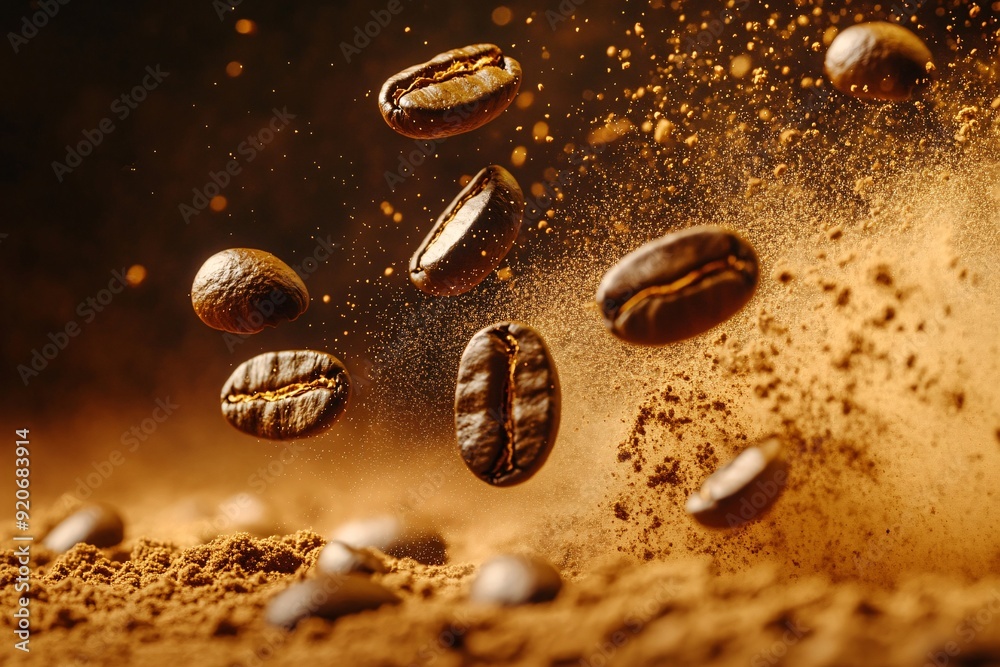 Fresh Roasted Coffee Beans Suspended in Air with Bursting Aroma Fresh Roasted Coffee Beans Suspended in Air with Bursting Aroma