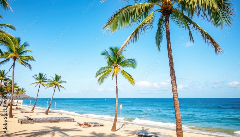 Idyllic Beach Scene with Palm Trees and Loungers. Idyllic Beach Scene with Palm Trees and Loungers.