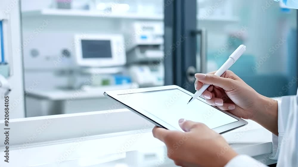 A high-tech reception desk where a patient is electronically signing consent forms on a sleek tablet interface