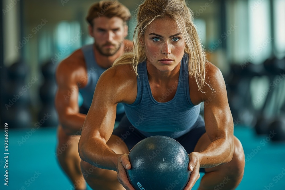 Athletic couple doing kettlebell goblet squat exercise during cross training in gym, Generative AI Athletic couple doing kettlebell goblet squat exercise during cross training in gym, Generative AI