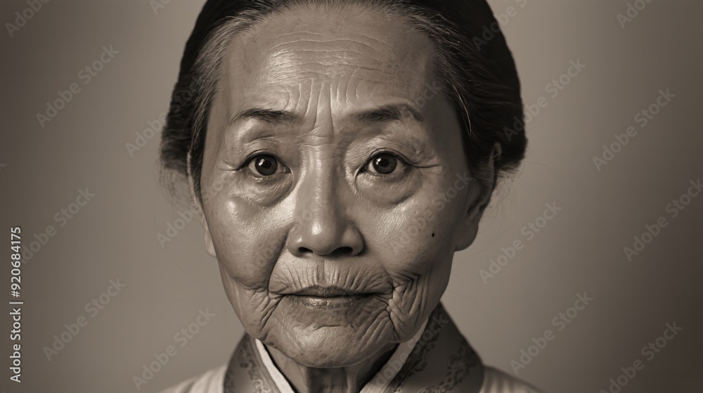 Wize Expression Generative AI, A sepia-toned portrait of an elderly woman with a calm ...
