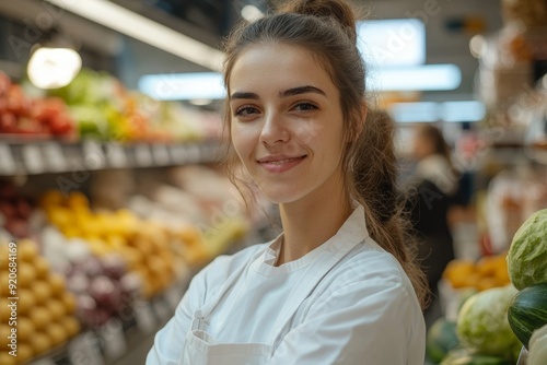 Happy quality control manager working in supermarket and looking at camera, Generative AI