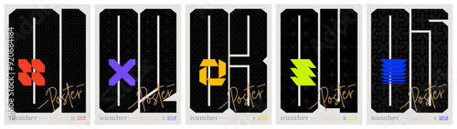 Posters with silhouette brutal shapes and black sport numbers, abstract geometric composition graphic in postmodern aesthetics, Vector retro futuristic graphic artwork A4 format