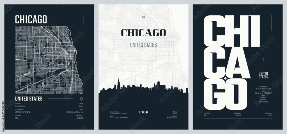 Obraz premium Set of travel posters with Chicago, detailed urban street plan city map, Silhouette city skyline, vector artwork, set 2