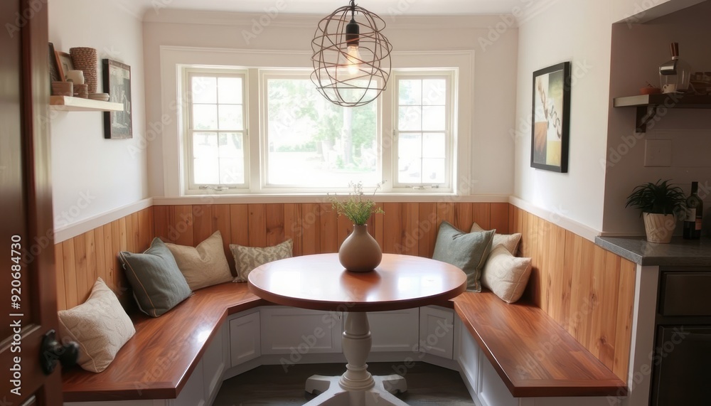 Fototapeta premium Cozy breakfast nook with a wooden bench and table.